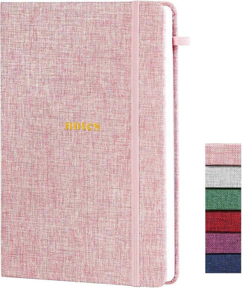 TSFPapier A5 Lined Journal Notebook – Hardcover Fabric Cover 160 Pages 100 GSM Thick Paper With Elastic Band & Pen Holder College Ruled Writing Notebooks for Work School Travel Pink - Image 1